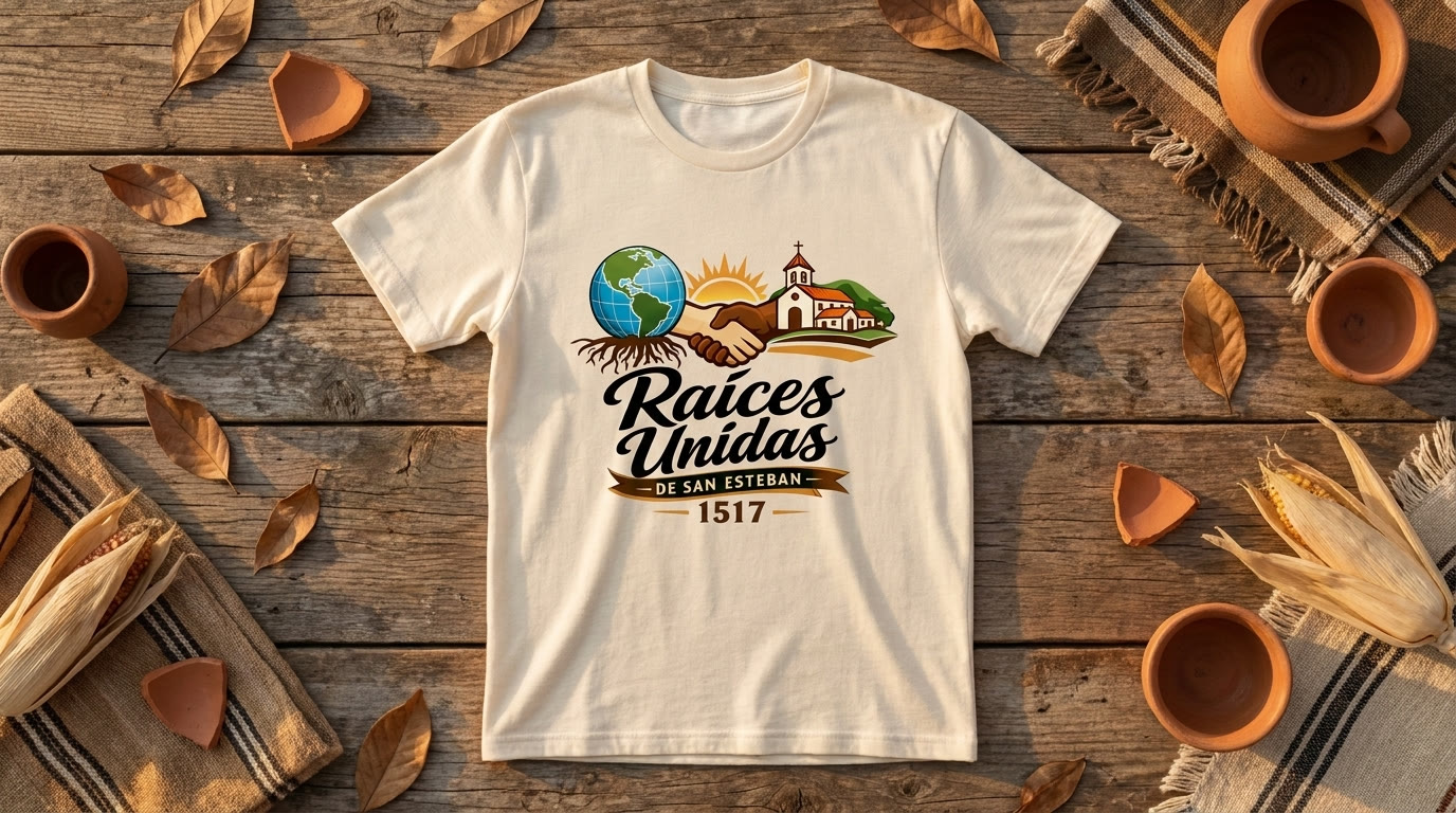 Camiseta de Raíces Unidas de San Esteban sobre madera rústica