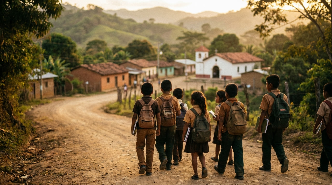 Niños caminando hacia la iglesia rural con sus cuadernos y mochilas