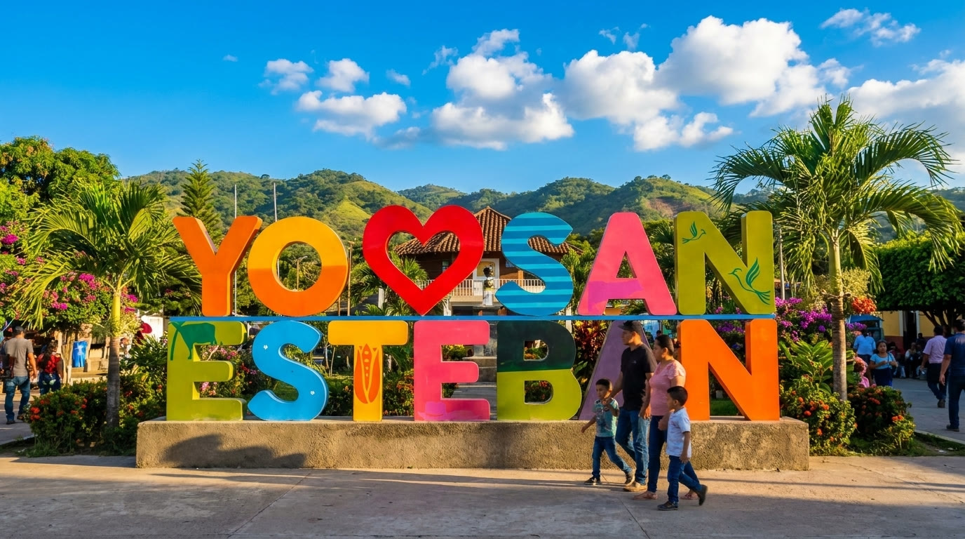 Letrero 'Yo amo San Esteban' en la plaza del municipio